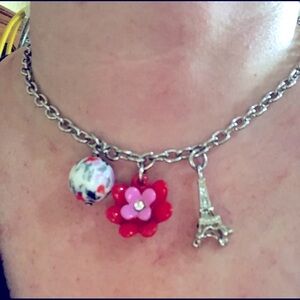 Paris Charm Choker Necklace Silver Chain Flower Bead Charm Necklace